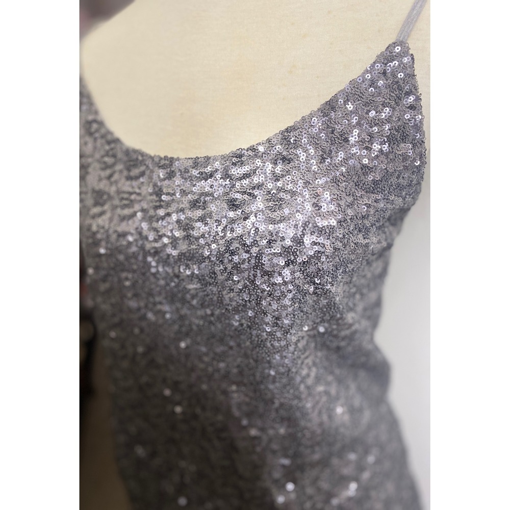 Charlie Paige Silver Sequin Cami Top Grey Knit Back Adjustable Straps NWT